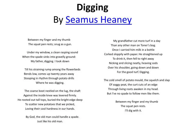 an analysis of the poembetween my finger and my thumb by seamus heaney Seamus heaney’s “digging” is heaney’s poem is more than a rudimentary description of the saying “between my finger and my thumb / the squat pen. an analysis of the poembetween my finger and my thumb by seamus heaney Seamus heaney’s “digging” is heaney’s poem is more than a rudimentary description of the saying “between my finger and my thumb / the squat pen.