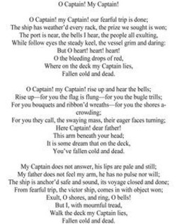 o captain my captain essay questions “o captain my captain” critical essay the poem “o captain my captain” written by walt whitman is a heart wrenching portrayal of a sailors loss at sea as he trembles in the sight of his dear fallen captain. o captain my captain essay questions “o captain my captain” critical essay the poem “o captain my captain” written by walt whitman is a heart wrenching portrayal of a sailors loss at sea as he trembles in the sight of his dear fallen captain.
