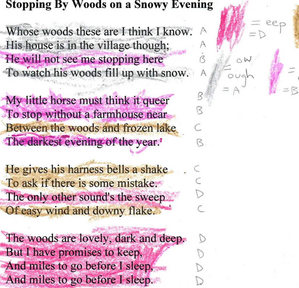 rhyme scheme for stopping by woods on a snowy evening