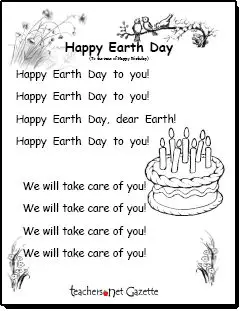 earth songs song mother happy poems preschool kids poem teachers kindergarten worksheets april recycle recycling pdf printable earthday teaching reuse